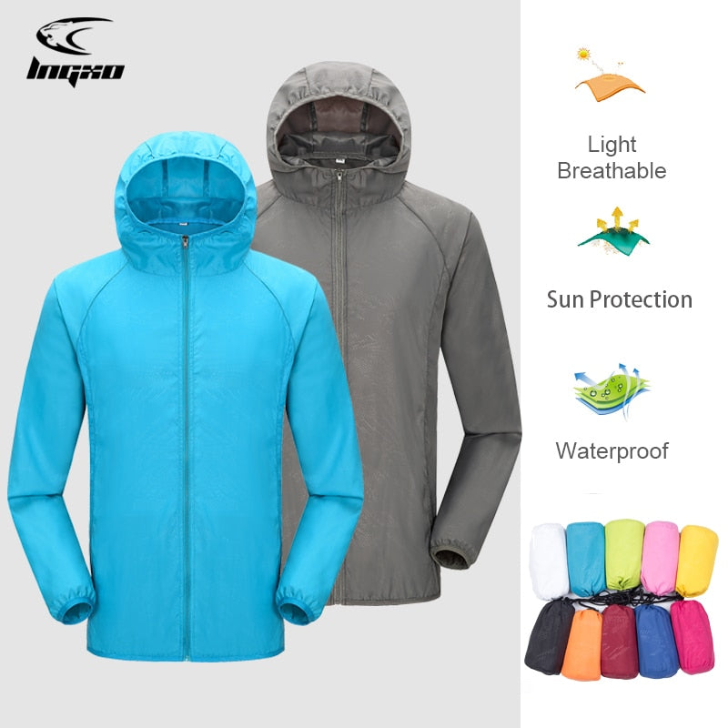 Unisex Waterproof Camping Rain Jacket with Sun Protection and Quick-Dry Feature