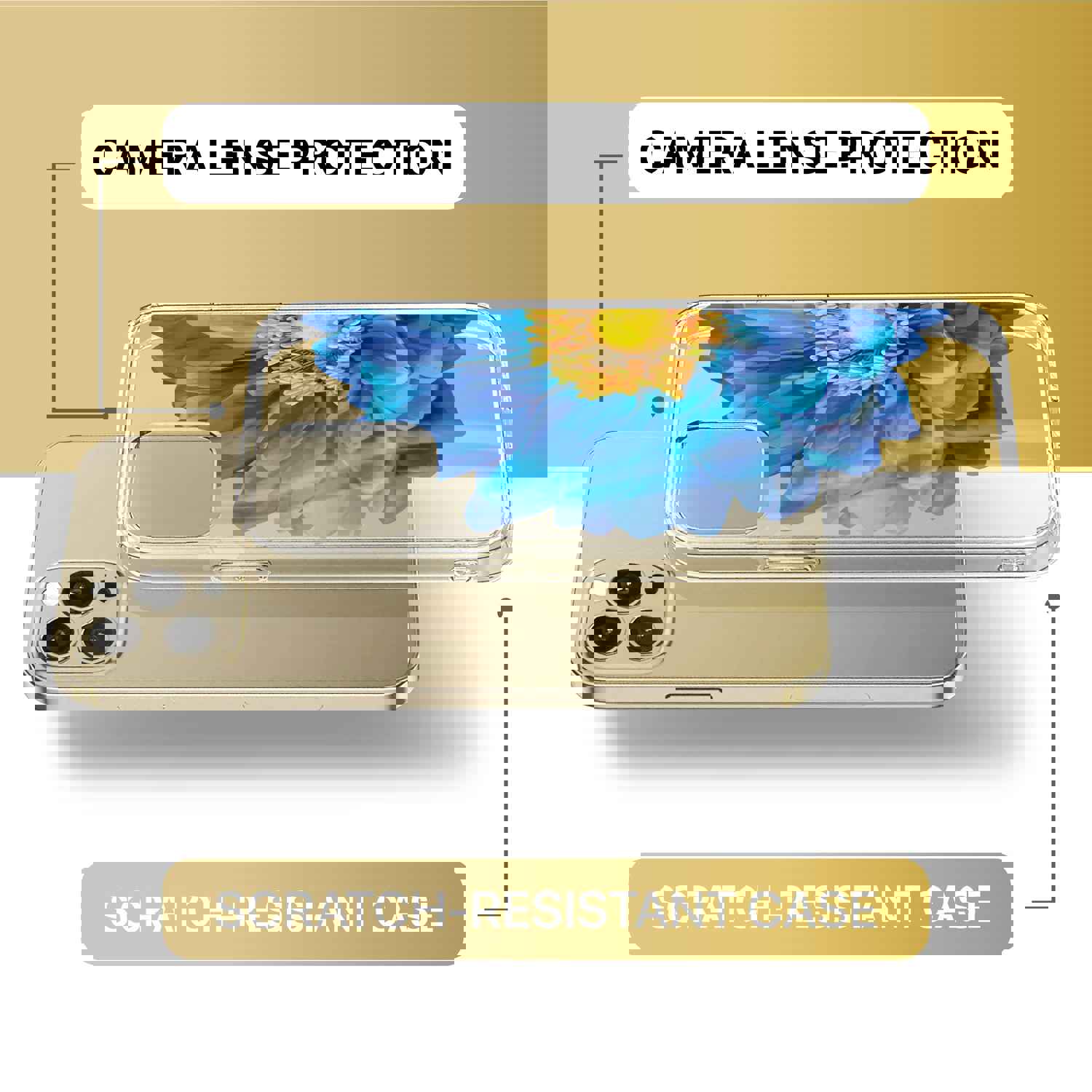 High-Quality TPU Clear Case with Blue Flower Design for iPhone & Samsung Phones