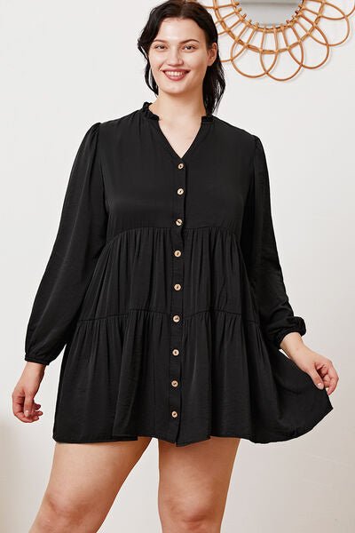 Ruffled Button Up Long Sleeve Tiered Shirt in Black