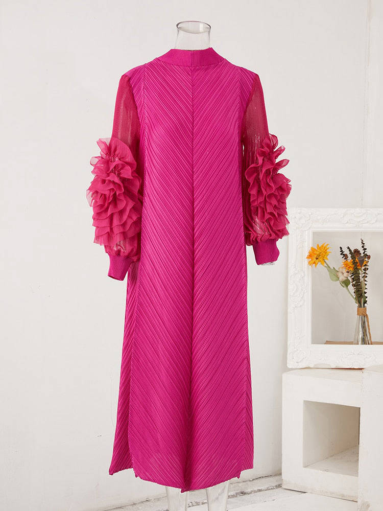 Pleated Dress Round Neck Spliced Fungus Full Sleeve Dresses for Women
