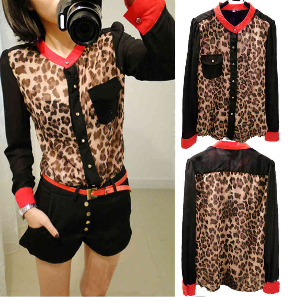 2015 New Fashion Women's Leopard Patchwork Chiffon Blouse Long Sleeve with Pocket