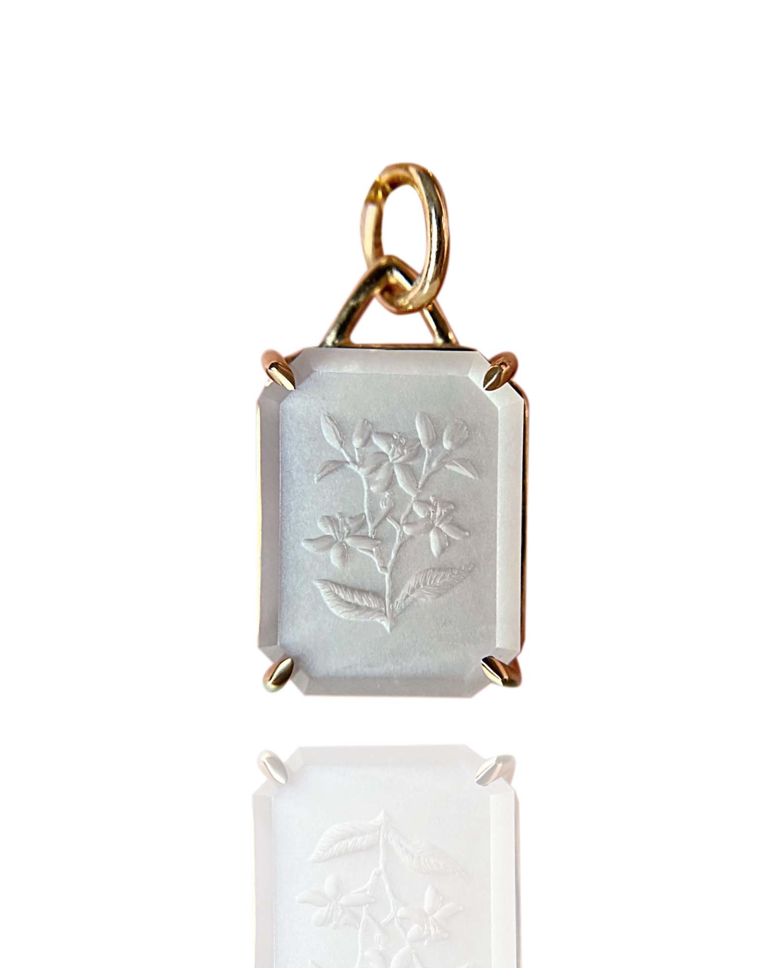 Moonstone Intaglio Pendant - Hand-Carved Orange Blossom Design in 14k Yellow Gold