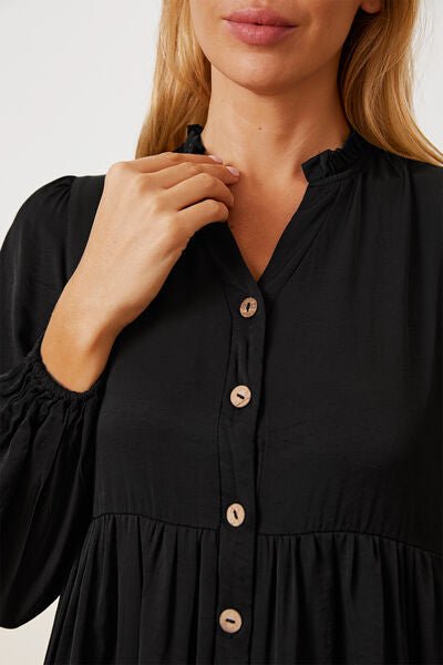 Ruffled Button Up Long Sleeve Tiered Shirt in Black