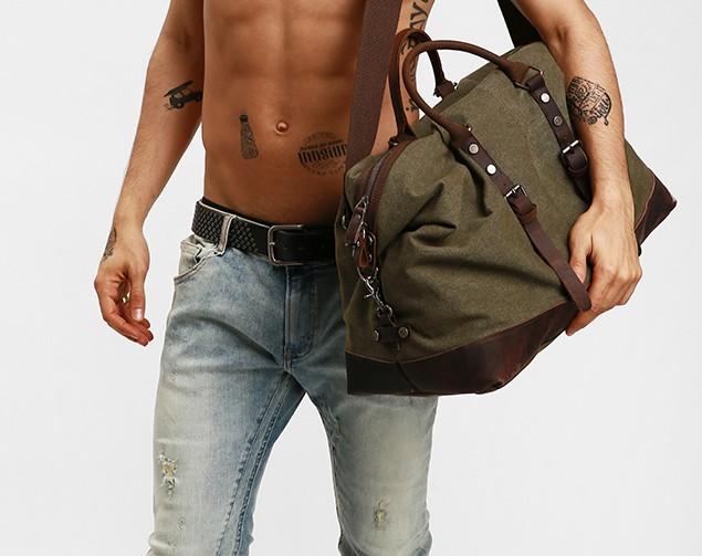 Gray Mens Leather Canvas Large Weekender Bag Canvas Travel Bag for Men