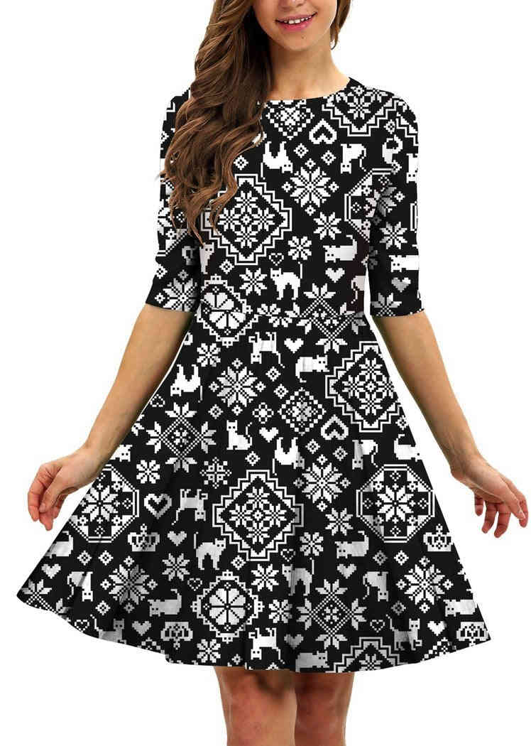 Fashion Christmas Square Printed Round Neck Short Sleeve Dresses For Women