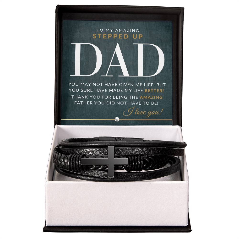 Stepped Up Dad Present - Mens Braided Leather Bracelet with Cross - Perfect Gift for Christmas, Birthday or Fathers Day