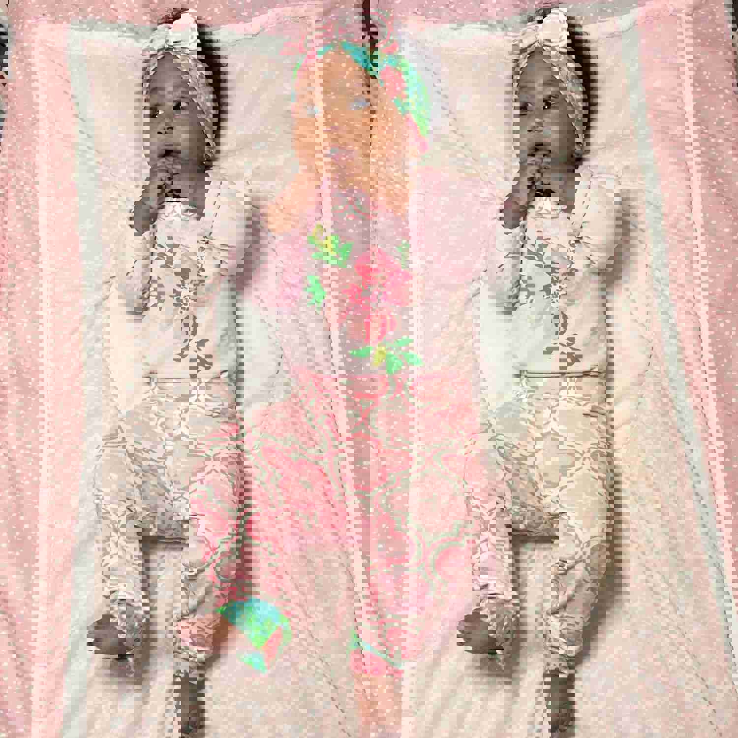 AnnLoren Baby Girls Layette Pink Arabesque Floral Onesie Pants Headband 3pc Gift Set