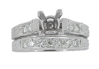 Art Deco Scrolls 1.75 Carat Princess Cut Diamond Engagement Ring Setting and Wedding Ring in 18 Karat White Gold