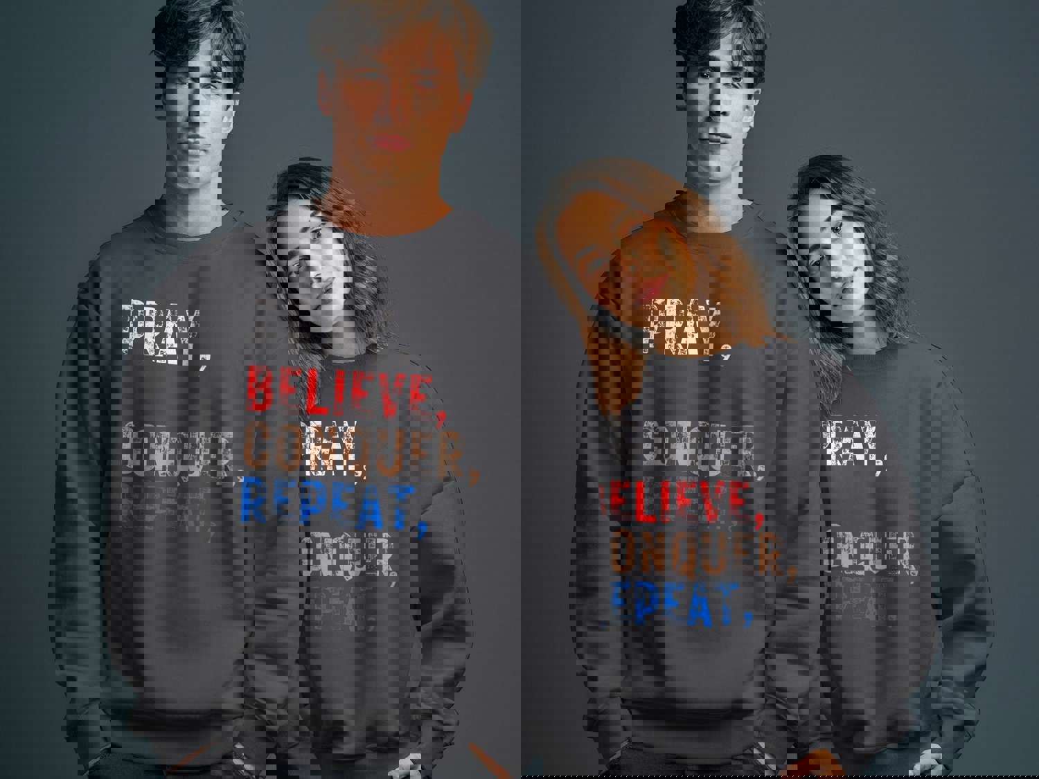 Christian T-Shirts - Pray Believe Conquer Repeat Inspirational Tees