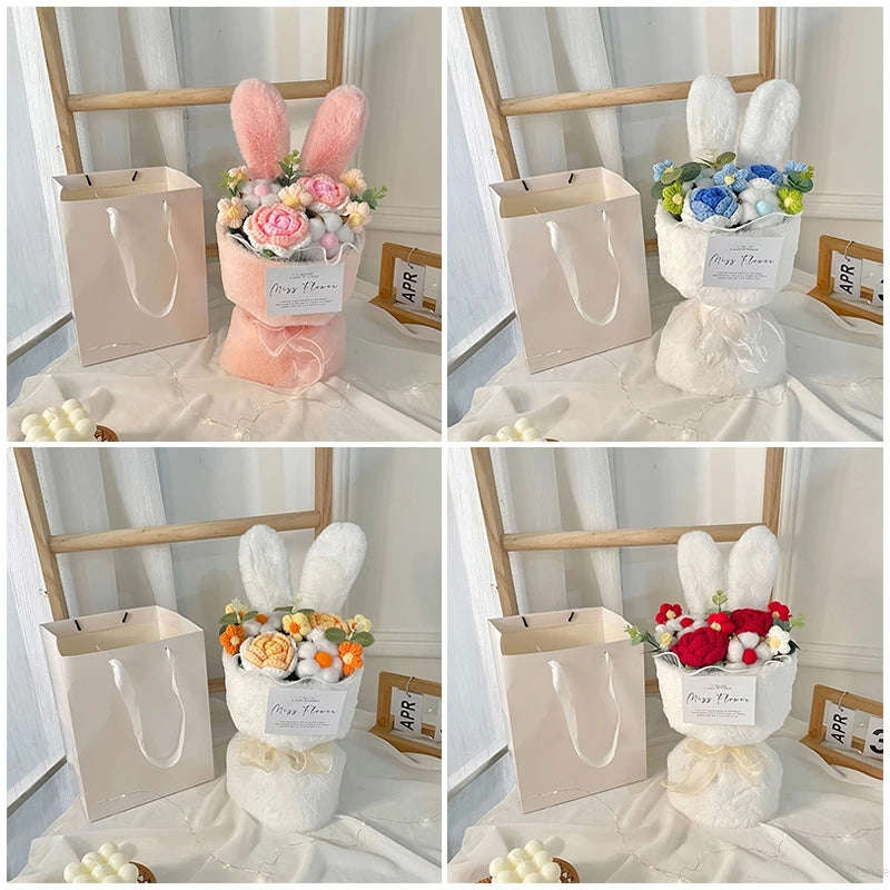 Graduation Flower Bouquet Rabbit Kawaii Doll Cute Crochet Flower Bouquet for Valentines Day Gift Wedding Party Decor