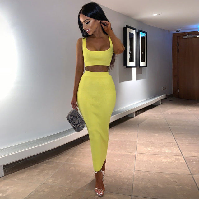Dulzura Neon Ribbed Knitted Women Two Piece Matching Co Ord Set - Crop Top & Midi Skirt