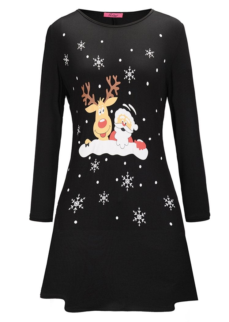 Fashion Round Neck Christmas Pattern Long Sleeve Flared Midi Dress