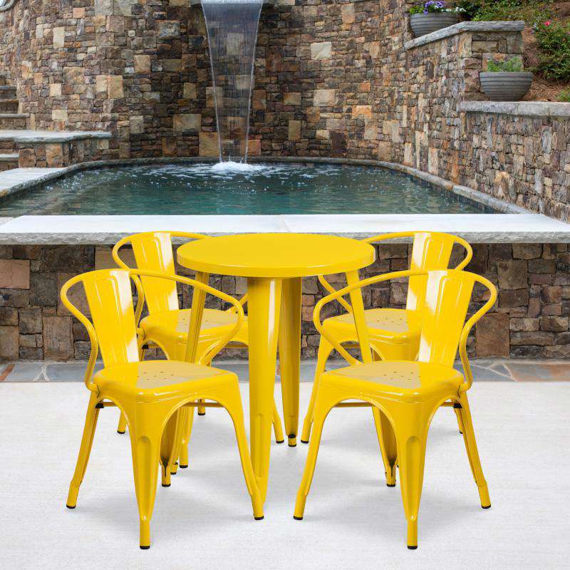 CH-51080TH-4-18ARM Flash Furniture Chauncey Commercial Grade 24 Round Yellow Metal Indoor-Outdoor Table Set with 4 Arm Chairs