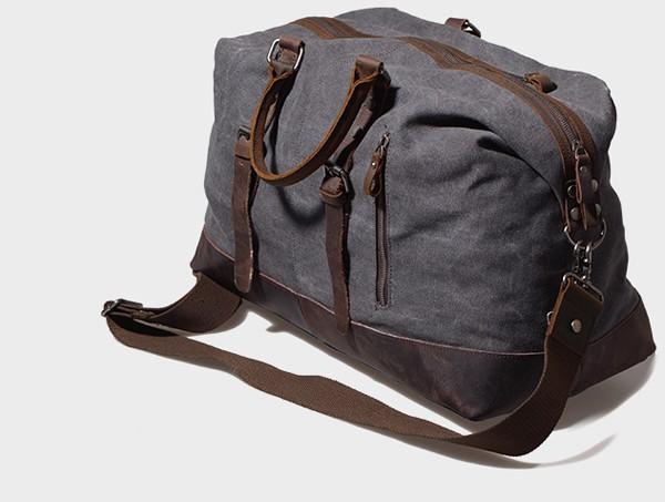Gray Mens Leather Canvas Large Weekender Bag Canvas Travel Bag for Men