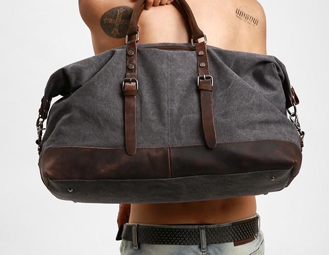 Gray Mens Leather Canvas Large Weekender Bag Canvas Travel Bag for Men
