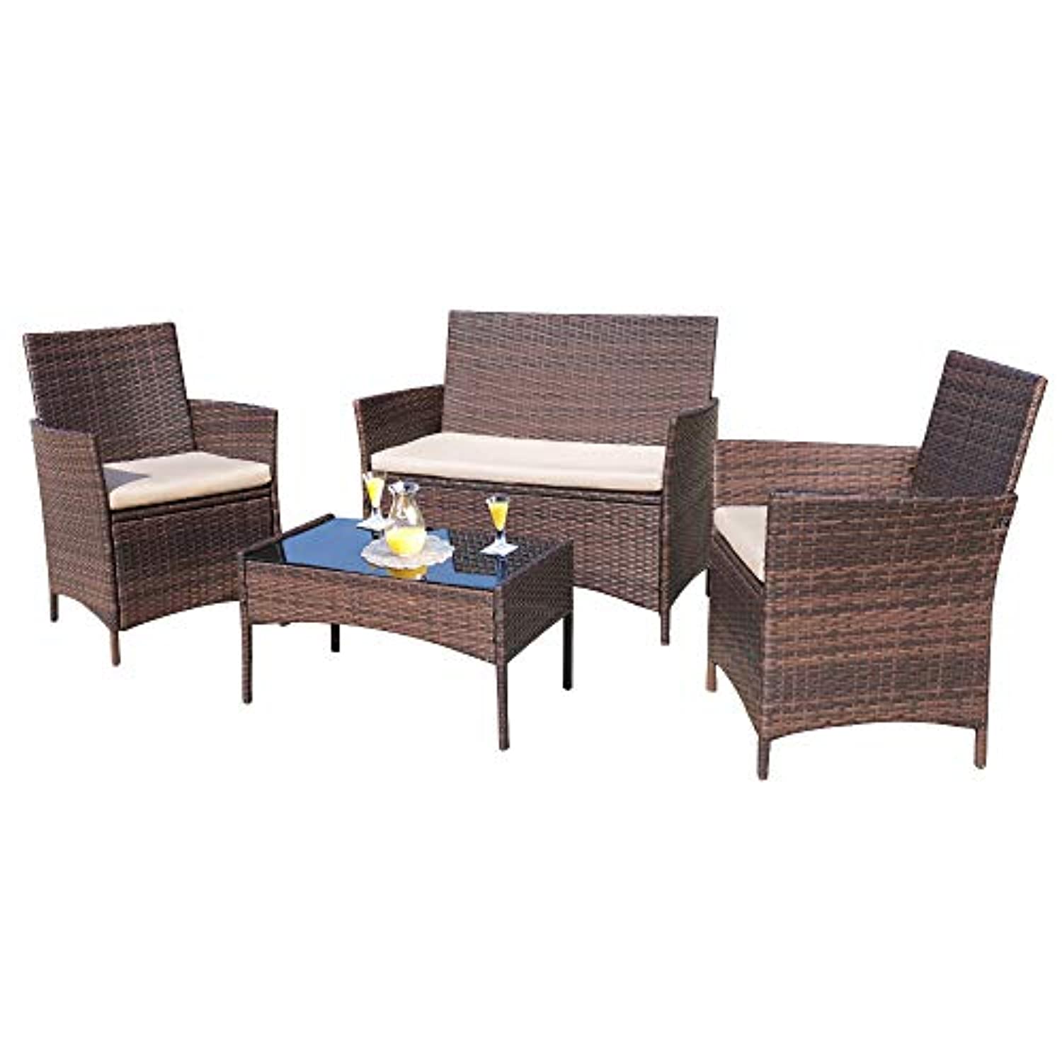 Vongrasig 4-Piece Outdoor Patio Furniture Set - Rattan Wicker Sofa & Table Set for Garden, Poolside, Balcony (Brown & Beige)