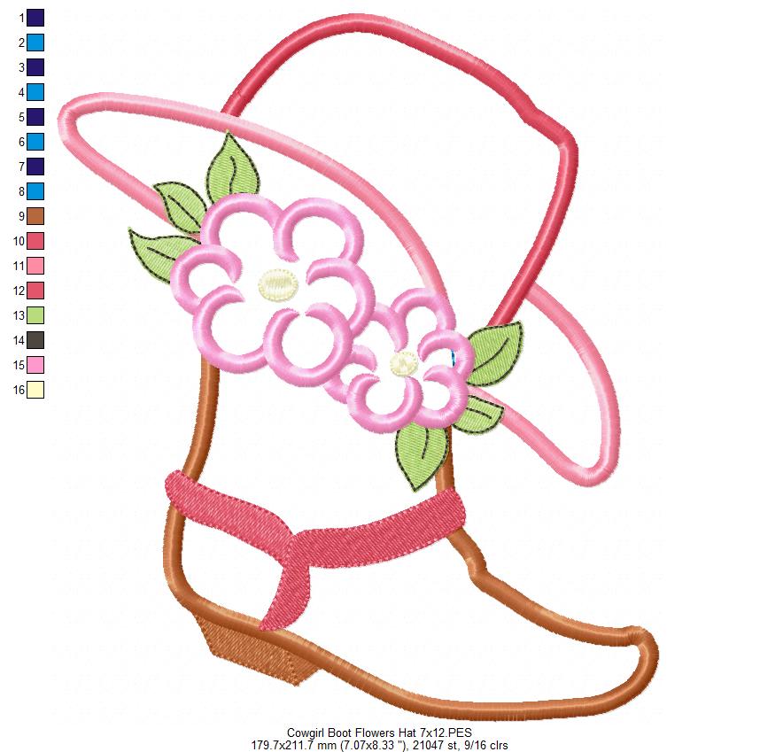 Cowgirl Boot, Hat and Flowers Applique Embroidery Design