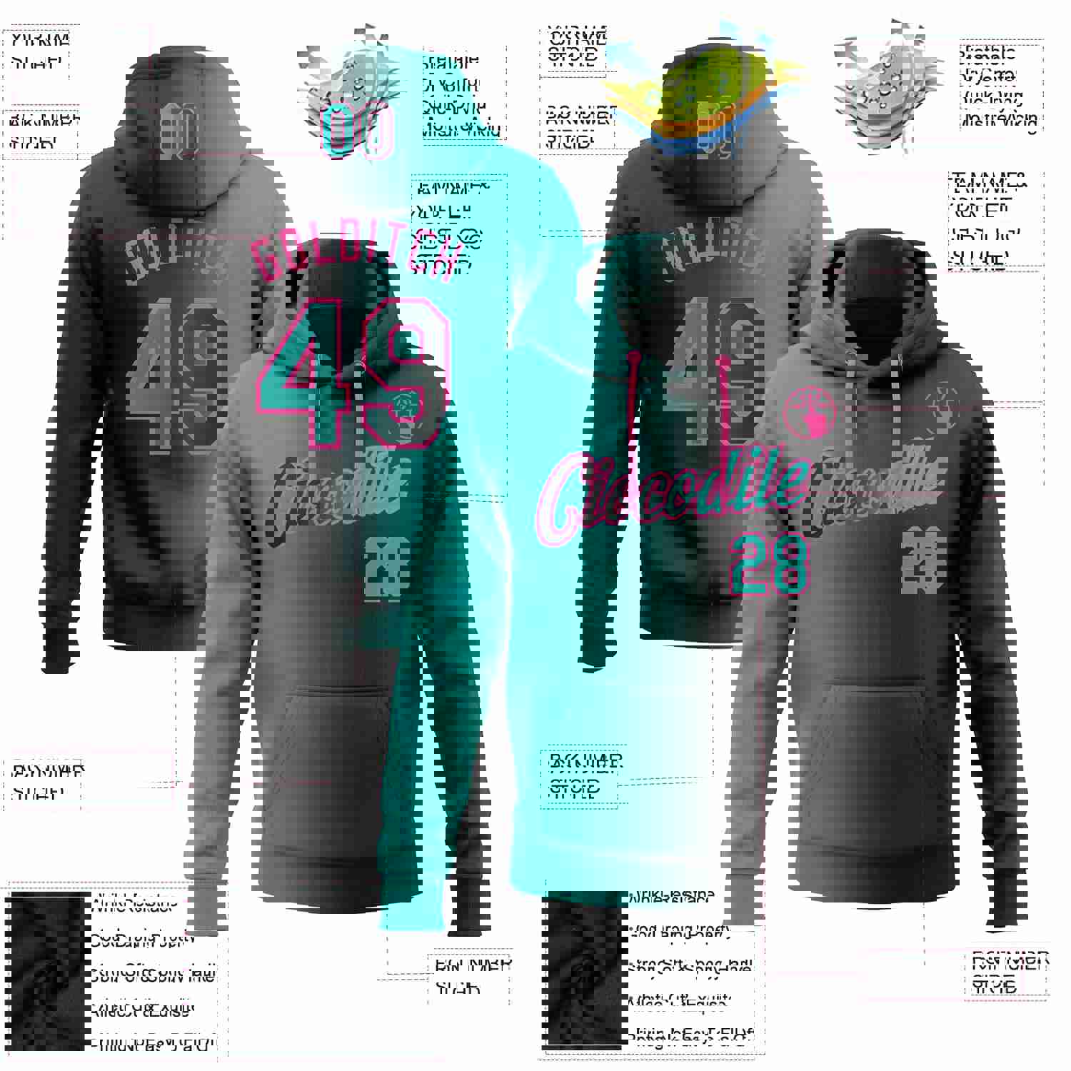 Custom Stitched Black Aqua-Pink Gradient Fashion Sports Pullover Sweatshirt Hoodie