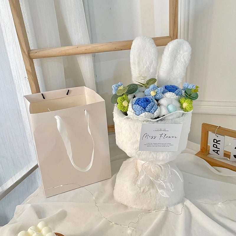 Graduation Flower Bouquet Rabbit Kawaii Doll Cute Crochet Flower Bouquet for Valentines Day Gift Wedding Party Decor