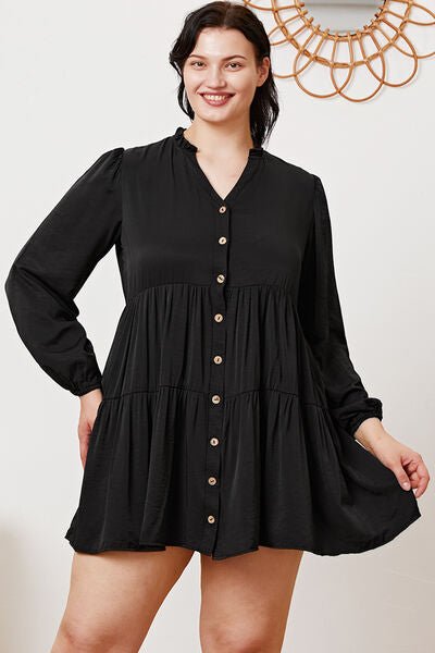 Ruffled Button Up Long Sleeve Tiered Shirt in Black