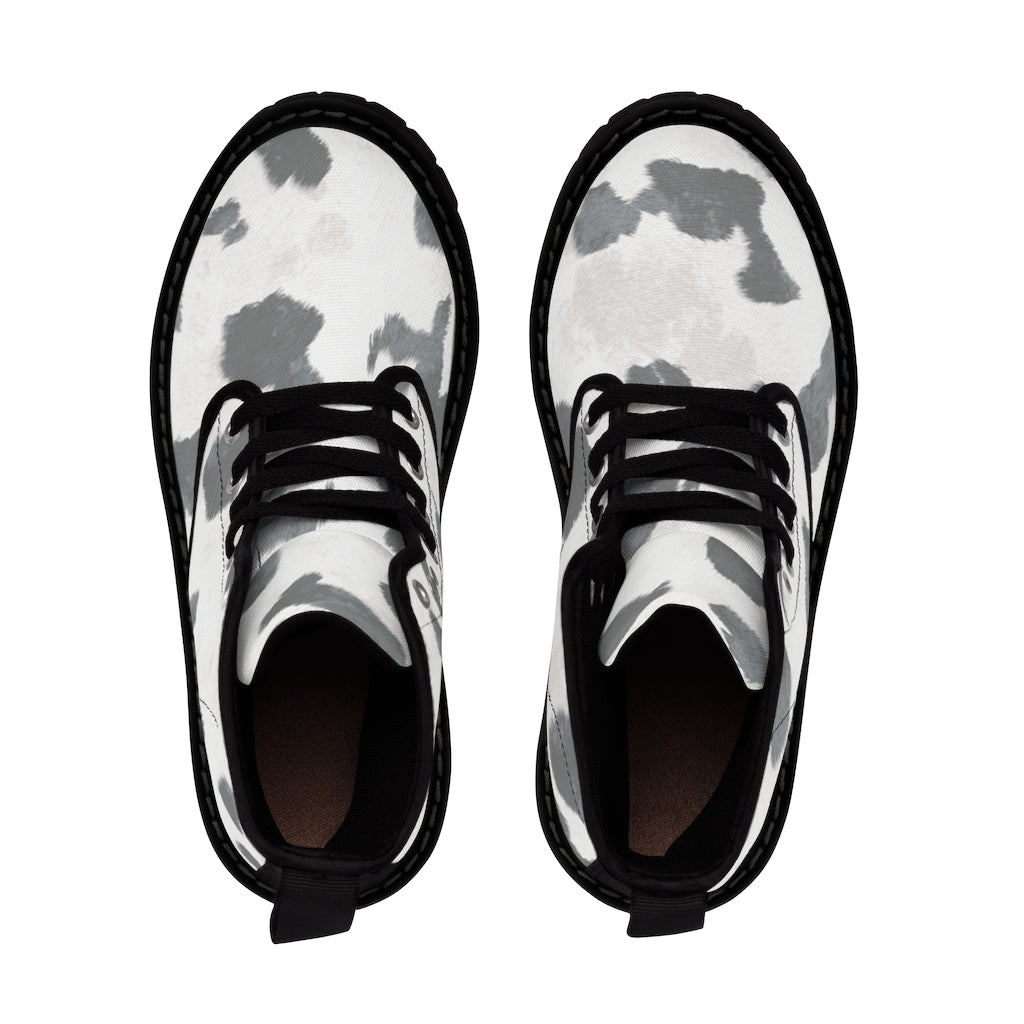 Grey Cow Print Canvas Boots for Women