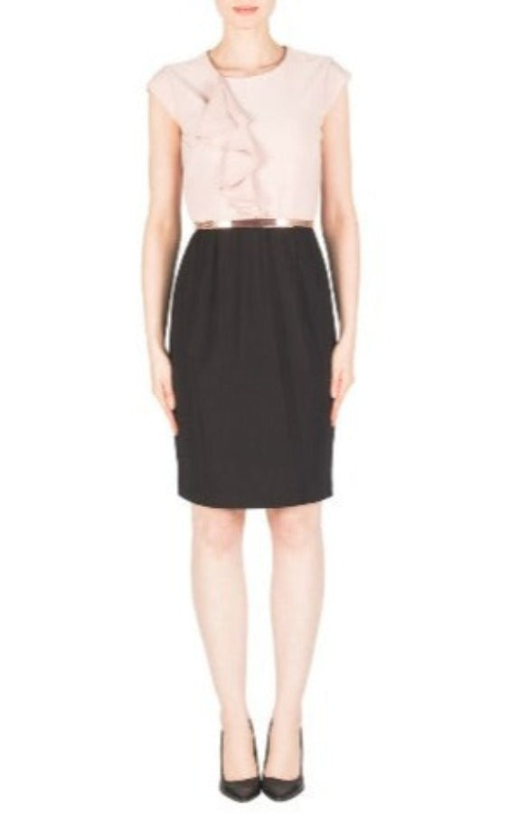 Joseph Ribkoff Ruffled Black/Winter Blush Belted Dress 183034