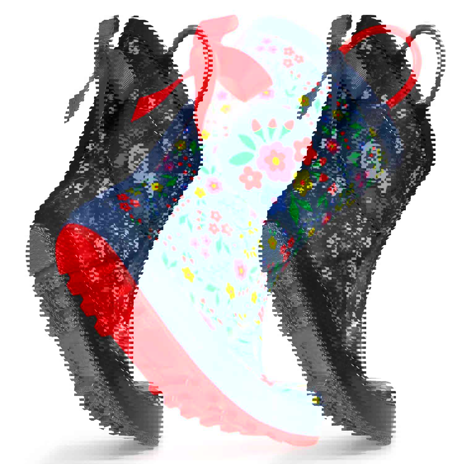 Floral Print 3D Bow Navy Kids Rain Boots