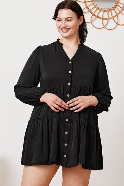 Ruffled Button Up Long Sleeve Tiered Shirt in Black