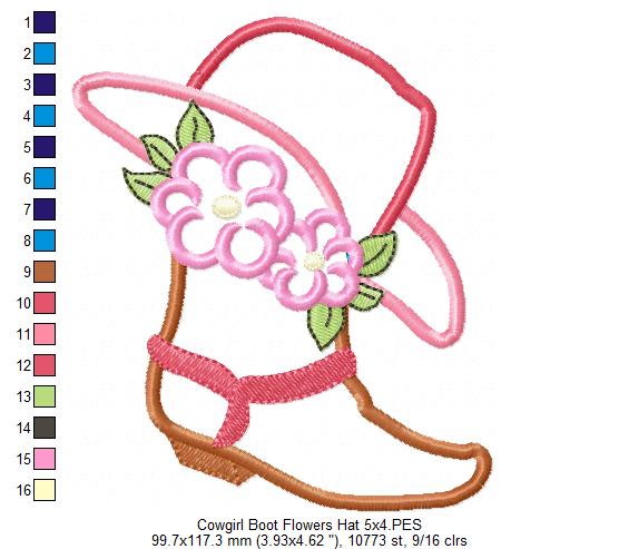 Cowgirl Boot, Hat and Flowers Applique Embroidery Design