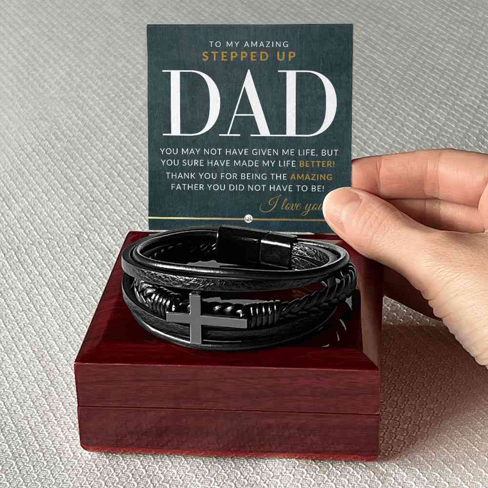 Stepped Up Dad Present - Mens Braided Leather Bracelet with Cross - Perfect Gift for Christmas, Birthday or Fathers Day