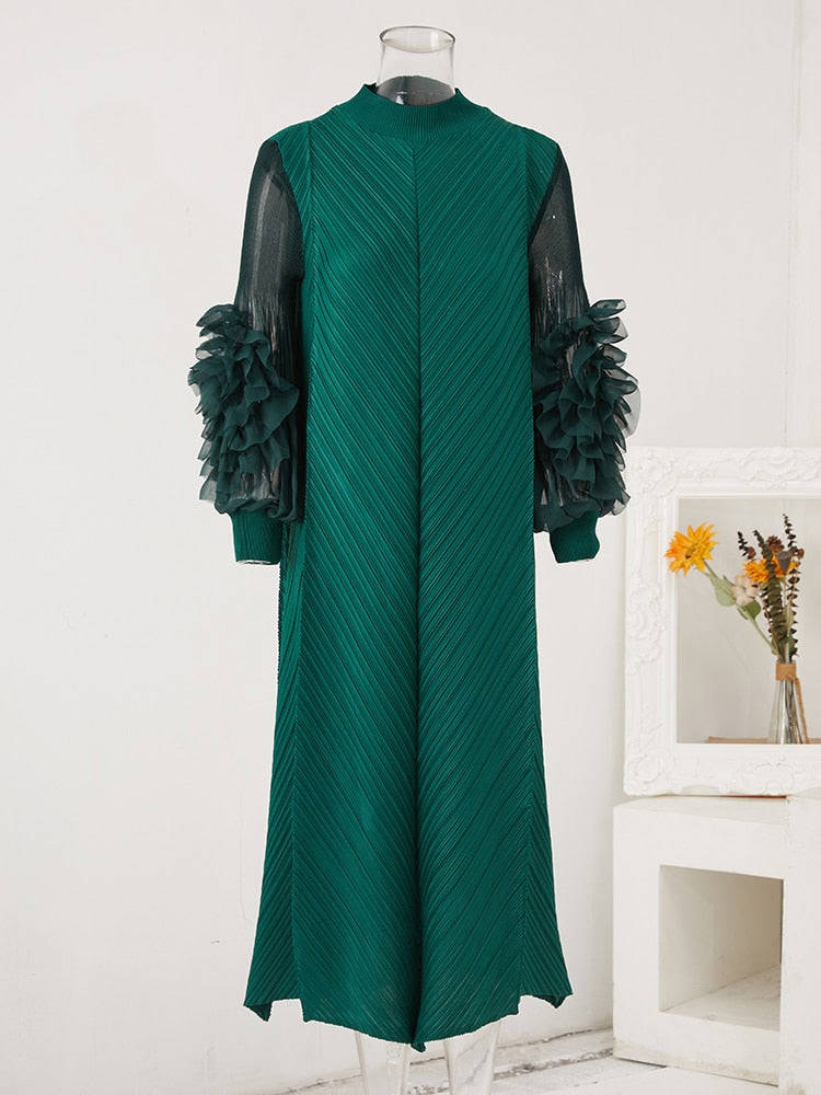 Pleated Dress Round Neck Spliced Fungus Full Sleeve Dresses for Women