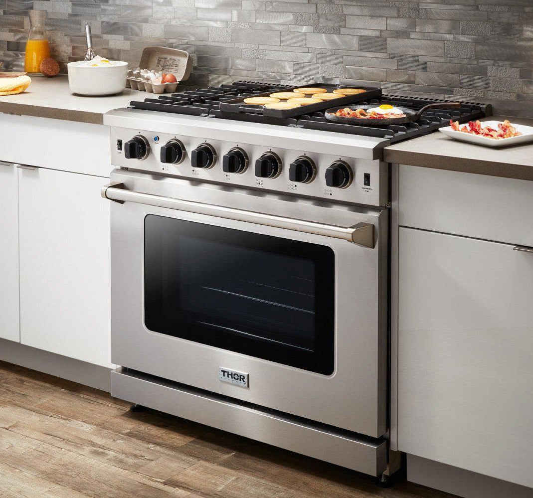 Thor Kitchen Package - 36 Inch Gas Range, Range Hood, Microwave Drawer, Refrigerator with Fridge and Ice Maker, Dishwasher, Wine Cooler, AP-LRG3601U-W-10