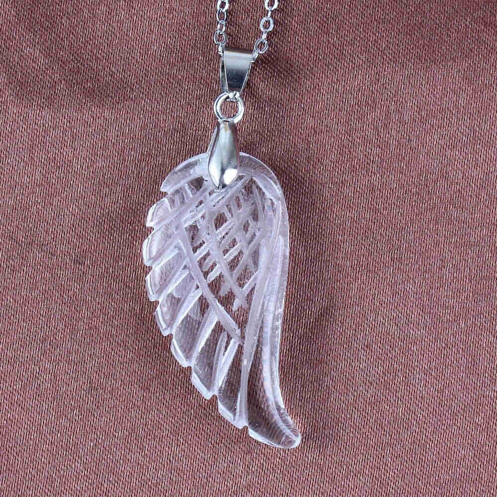 Natural Gnergy Gemstone Angel Wing Pendant - 35mm Rock Crystal Opalite Fluorite Lapis Lazuli Rhodonite Jewelry for Women & Men