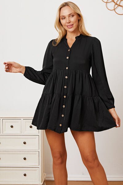 Ruffled Button Up Long Sleeve Tiered Shirt in Black