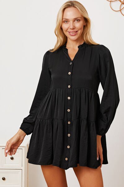 Ruffled Button Up Long Sleeve Tiered Shirt in Black