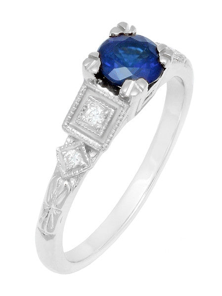 Art Deco Sapphire and Diamond Engagement Ring in 18K White Gold