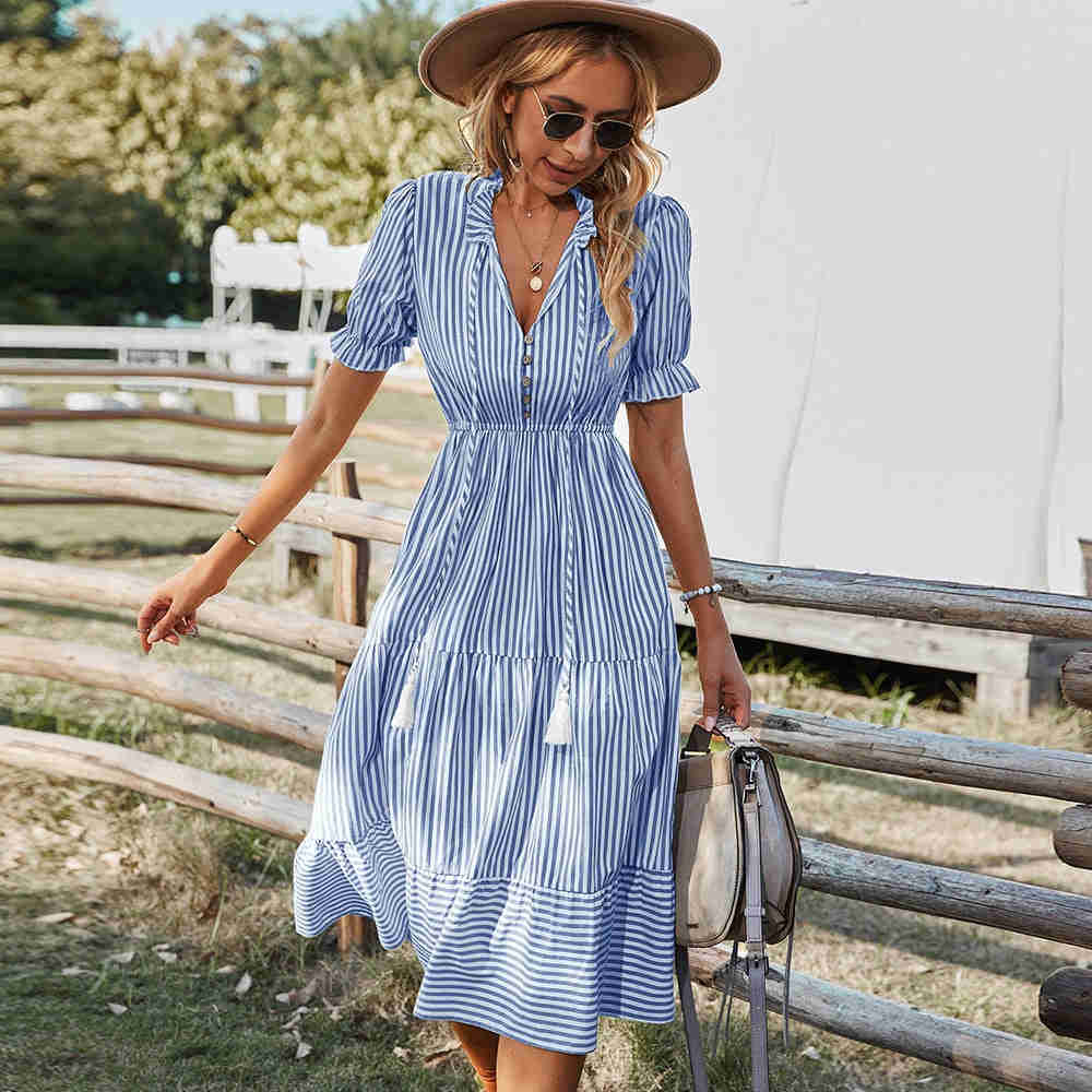 Fashion Striped Dress for Women - Casual Summer V-Neck Knee-Length Cotton Dress