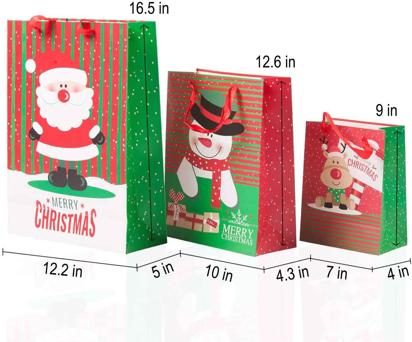 Christmas Paper Gift Bags Bulk Assortment - 1 Dozen Holiday Themed Gift Bags with Handles (3 Sizes, 4 Patterns)