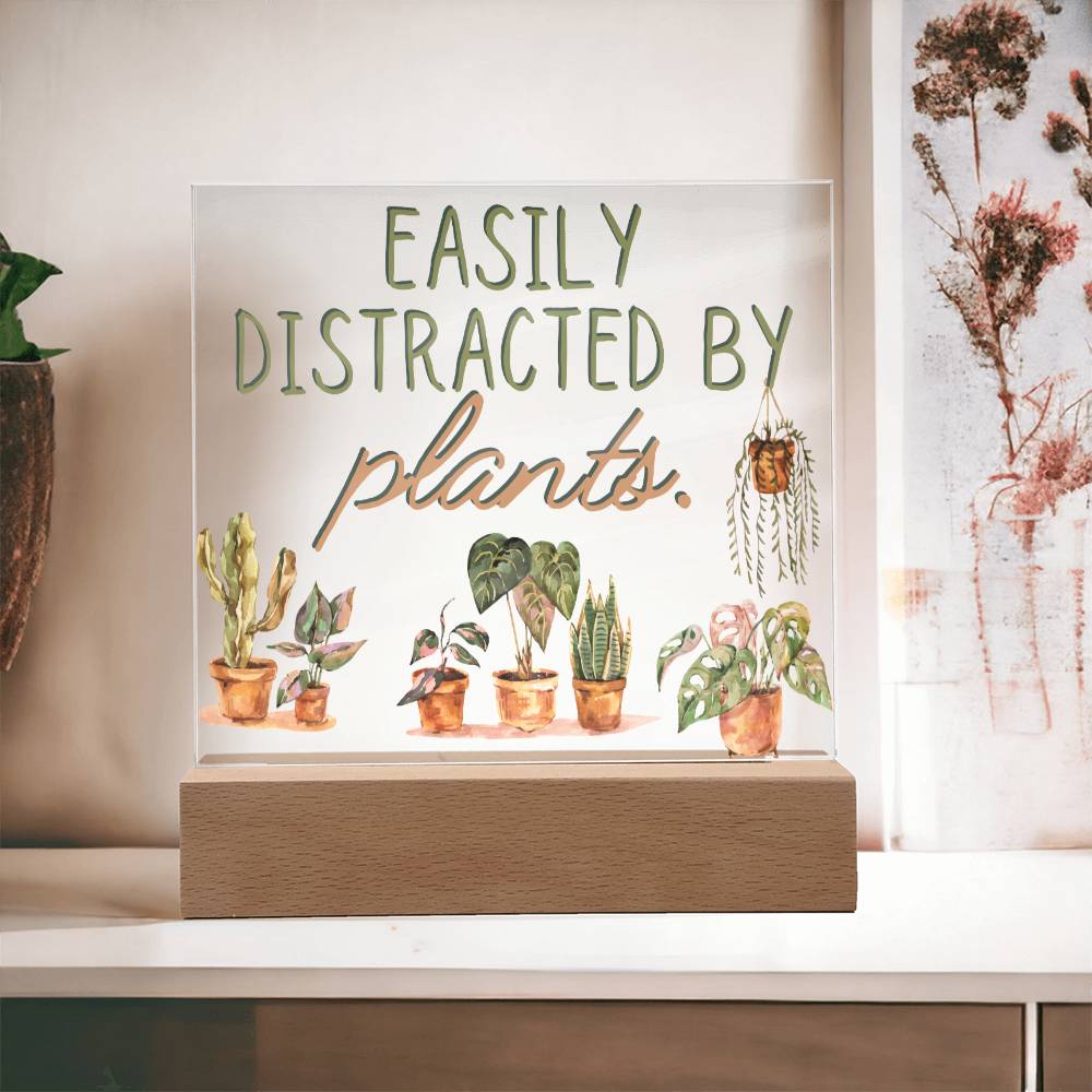 Distracted By Plants - Funny Plant Acrylic with LED Night Light - Indoor Home Garden Decor - Perfect Gift for Plant Lovers