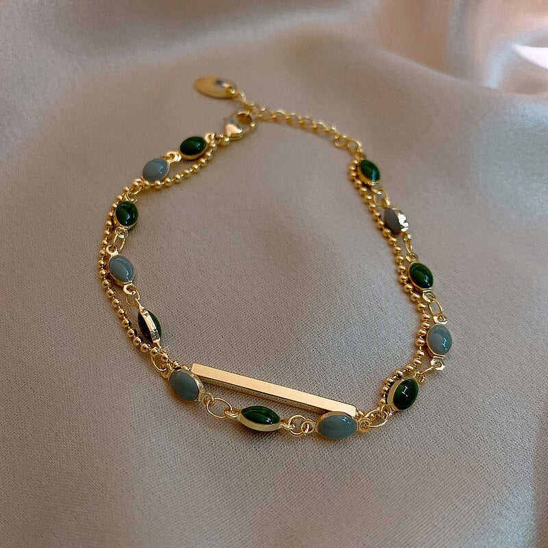 Exquisite Dark Green Beads Double-Layer Bracelet for Women