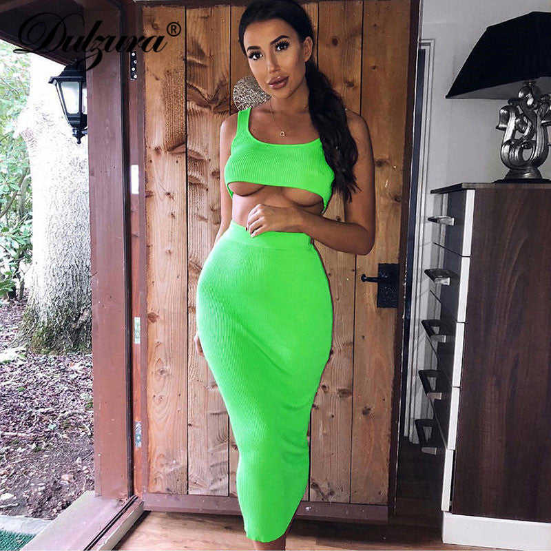 Dulzura Neon Ribbed Knitted Women Two Piece Matching Co Ord Set - Crop Top & Midi Skirt