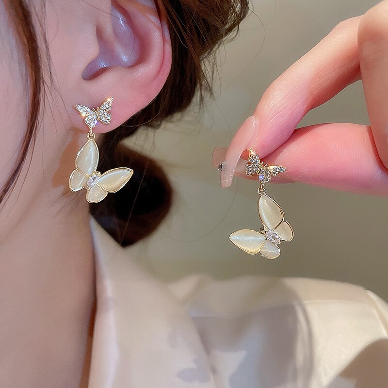 Elegant Double Butterfly Zircon Opal Pendant Earrings for Women