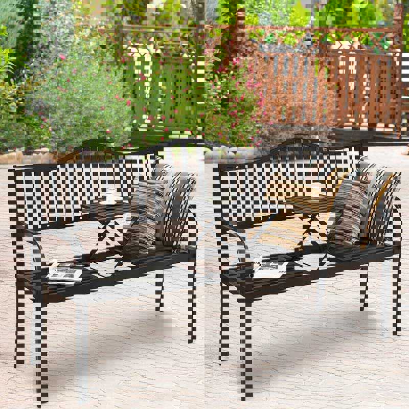 59.5 Large Outdoor Patio Metal Bench with Pullout Table, Weather-Resistant Garden Bench
