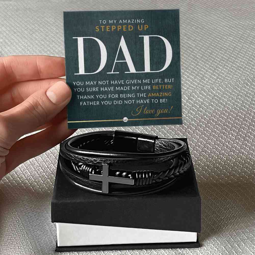 Stepped Up Dad Present - Mens Braided Leather Bracelet with Cross - Perfect Gift for Christmas, Birthday or Fathers Day