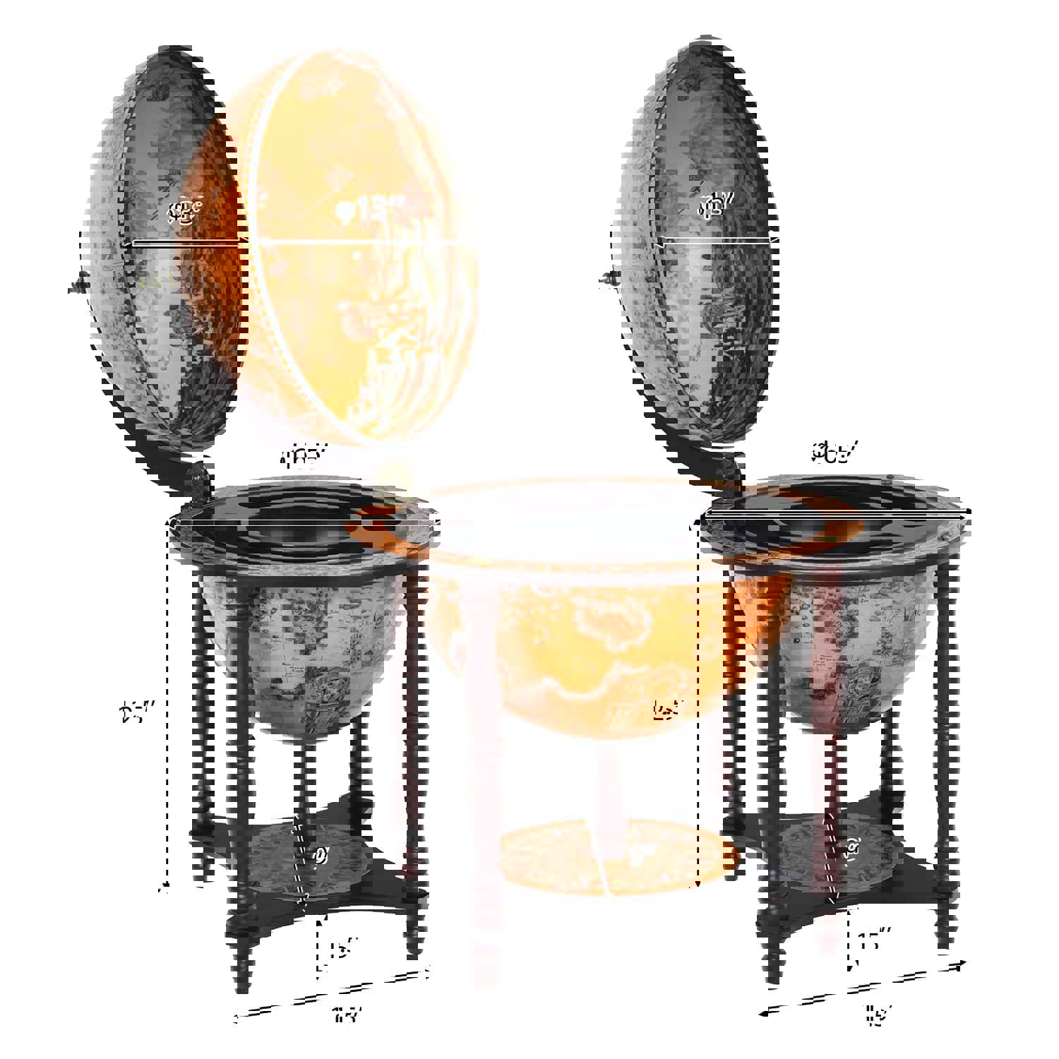 Tabletop 13 Globe Wine Bar Stand with 16th Century Italian Nautical Chart Design