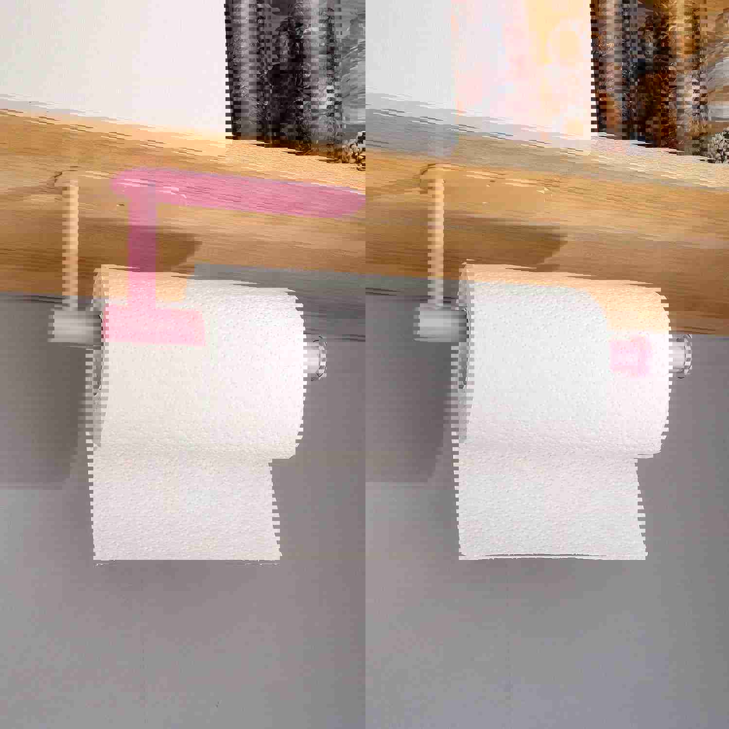 Stainless Steel Paper Towel Holder for Kitchen - Self-Adhesive Under Cabinet Mount (Pink)