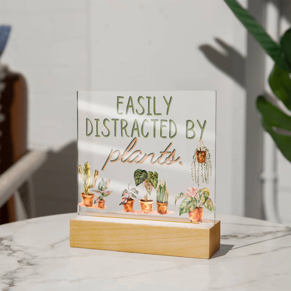 Distracted By Plants - Funny Plant Acrylic with LED Night Light - Indoor Home Garden Decor - Perfect Gift for Plant Lovers
