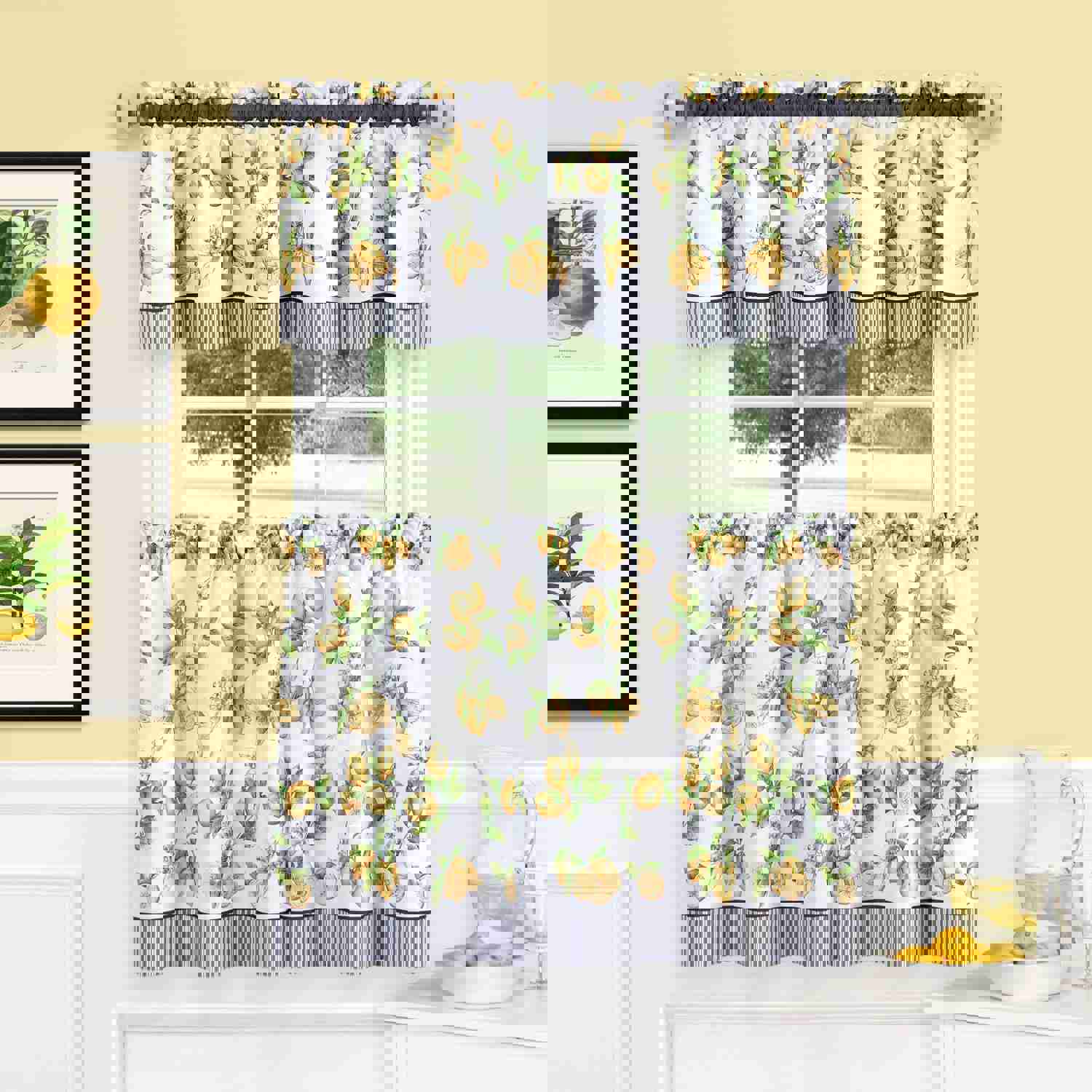 Lemon Drop 3-Piece Printed Kitchen Curtain Set - Yellow, Tiers 58x36, Swag 58x14 Inches
