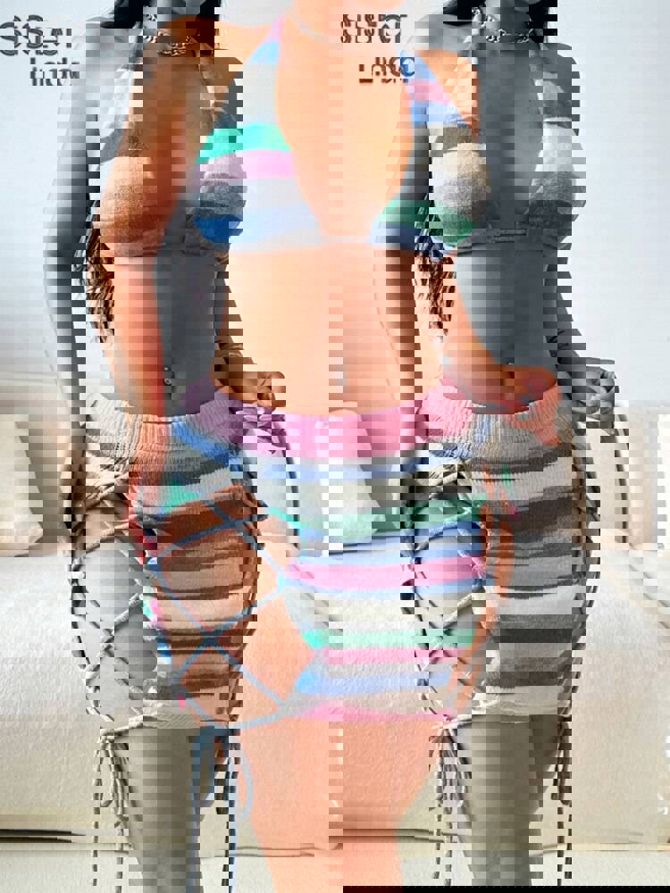 Sisterlinda Fashion Striped Patchwork Trend 3-Piece Set for Women