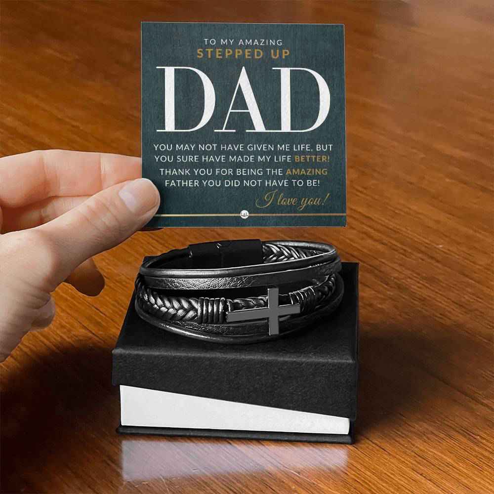 Stepped Up Dad Present - Mens Braided Leather Bracelet with Cross - Perfect Gift for Christmas, Birthday or Fathers Day